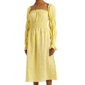 Sleeper Lemon Yellow Natural Long Sleeve Square Neck Michelin Linen Midi Dress